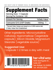 Supplement facts panel with USP Grade Coenzyme Q10 100mg. Take 1 capsule 1-2 times a day with a meal. 