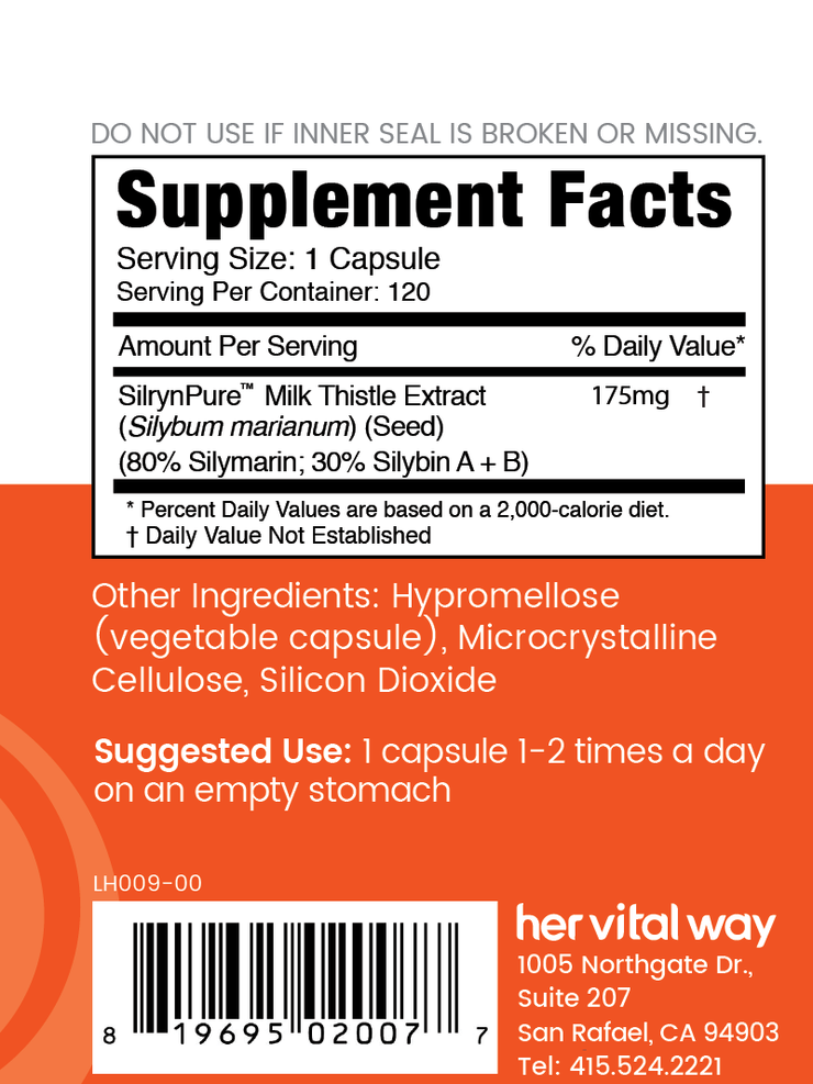 supplement facts panel SilrynPure Milk Thistle Extract 175 mg. Seed source. 80% silymarin, 30% silybin a+b. Take 1 capsule 1-2 times a day on an empty stomach.
