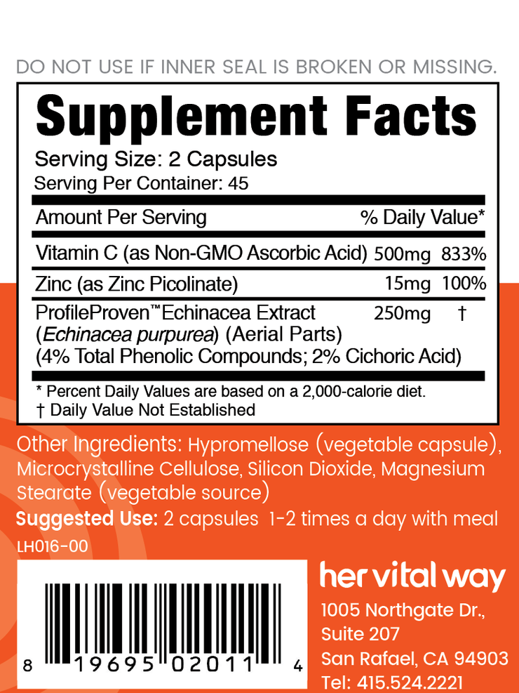 supplement facts panel. 500mg Non-GMO vitamin C, 15mg zinc as zinc picolinate, Echinacea Extract 250mg aerial parts. Take 1-2 times a day with meal at the first sign of a cold. 