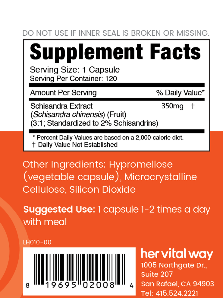 supplement facts panel 350 mg of Schisandra Extract. berry source. 3:1 standardized to 2% schisandrins. Take 1-2 capsules 1-2 times a day with a meal. 