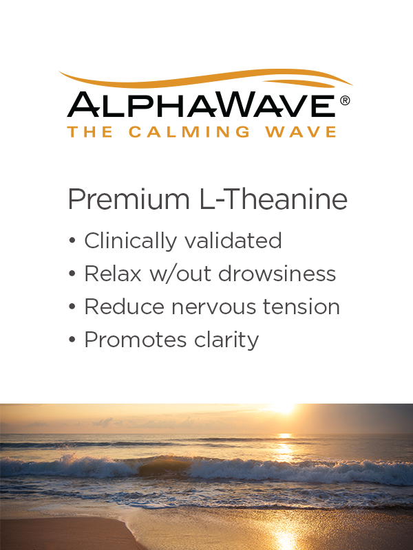 Alphawave premium L-Theanine is clinically validated to relax without drowsiness, reduce nervous tension, and promote clarity. 