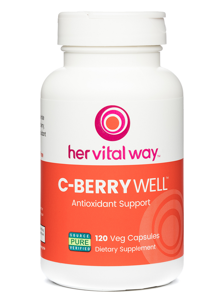 Large image of orange and white and magenta her vital way C-Berry Well bottle. 