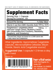 Supplement facts panel. Non-Gmo Vitamin C 500mg. 100mg of grape, blueberry, cranberry, blackberry, raspberry, and strawberry blend. Take 1-2 capsules a day with a meal. 