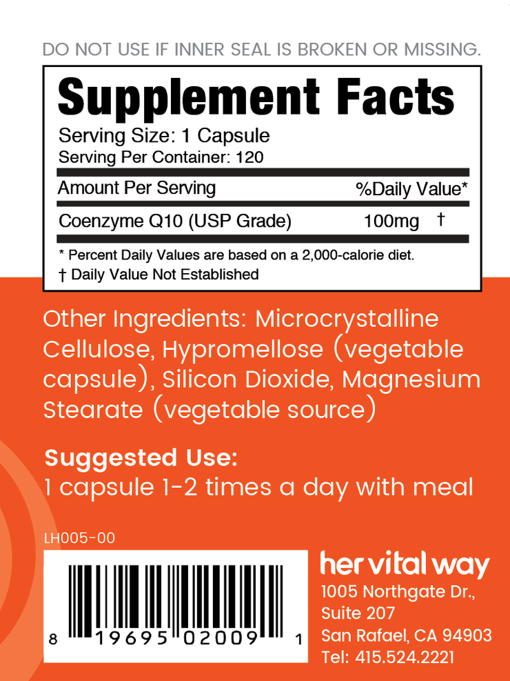 Supplement facts panel with USP Grade Coenzyme Q10 100mg. Take 1 capsule 1-2 times a day with a meal. 