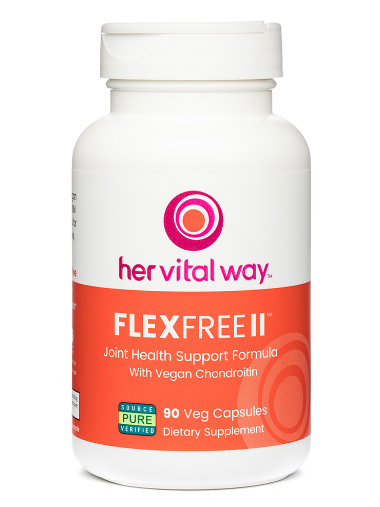 Large image of orange, white, and magenta her vital way FlexFree II bottle. 90 veg capsules.