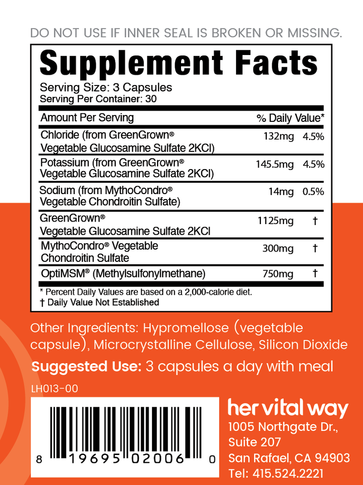 supplement facts panel. GreenGrown Vegetable Glucosamine 1125 mg with 132mg of Chloride, 145.5mg of potassium, 14mg sodium, 300mg MythoCondro Vegetarian Chondroitin Sulfate, 750mg OptiMSM. Take 3 capsules daily with a meal.