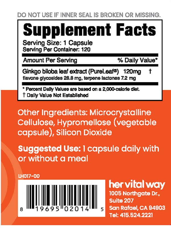 Supplement facts panel. PureLeaf Ginkgo biloba extract 120 mg. Take 1 capsule daily with or without a meal. 