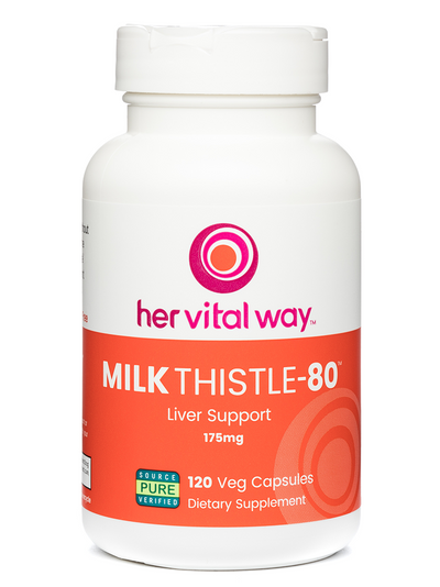 Large bottle of her vital way Milk Thistle. Orange, white, and Magenta label. 120 capsules.