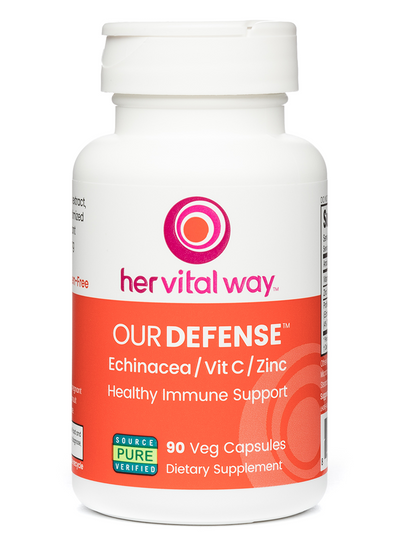 Large Our Defense her vital way bottle with orange, white, and magenta label. 90 veg capsules.