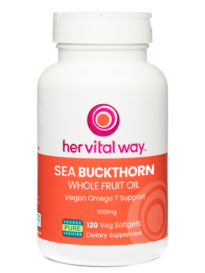 Large bottle of her vital way Sea Buckthorn Oil with orange, white, and magenta label. 120 veg softgels.