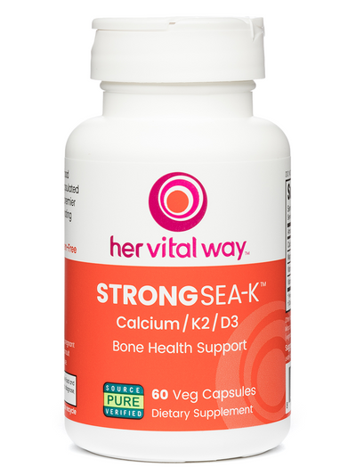Large image of her vital way StrongSea-K bottle with orange, white, and magenta label. 60 veg capsules. 