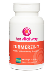 Large her vital way TurmerZing bottle with orange, white, and magenta label. 90 veg capsules. 